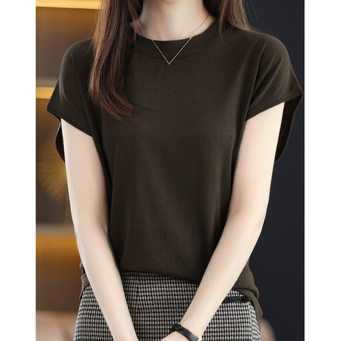 サマーニット レディース 半袖ニットソー 韓国 フレンチスリーブ ニットTシャツ 冷感タッチ 着やせ 30代40代通勤服 プチハイネック ニットトップス 春秋夏 87XYZ-002