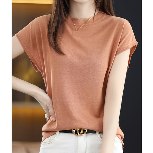 サマーニット レディース 半袖ニットソー 韓国 フレンチスリーブ ニットTシャツ 冷感タッチ 着やせ 30代40代通勤服 プチハイネック ニットトップス 春秋夏 87XYZ-002