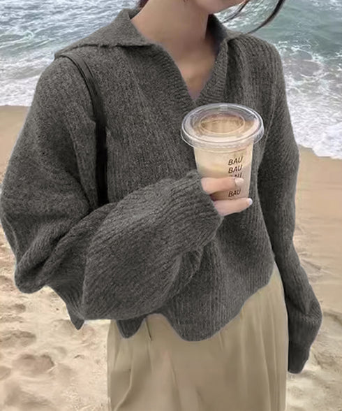 スキッパーニットvネック 襟付きセーター ポロカラーリブニットトップスレディース ショート丈ニットプルオーバー きれいめ ドロップショルダー 韓国風ニット秋冬人気 87YANQIU-001