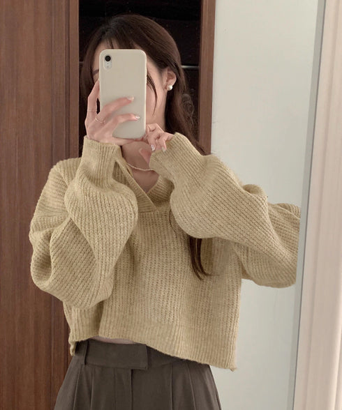 スキッパーニットvネック 襟付きセーター ポロカラーリブニットトップスレディース ショート丈ニットプルオーバー きれいめ ドロップショルダー 韓国風ニット秋冬人気 87YANQIU-001