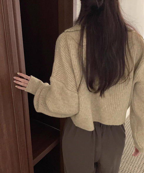 スキッパーニットvネック 襟付きセーター ポロカラーリブニットトップスレディース ショート丈ニットプルオーバー きれいめ ドロップショルダー 韓国風ニット秋冬人気 87YANQIU-001