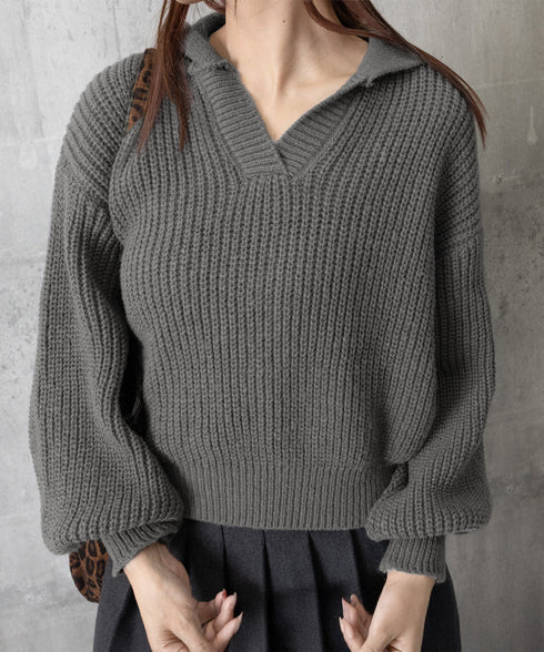 スキッパーニットvネック 襟付きセーター ポロカラーリブニットトップスレディース ショート丈ニットプルオーバー きれいめ ドロップショルダー 韓国風ニット秋冬人気 87YANQIU-001