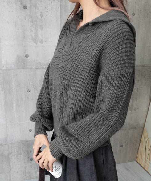 スキッパーニットvネック 襟付きセーター ポロカラーリブニットトップスレディース ショート丈ニットプルオーバー きれいめ ドロップショルダー 韓国風ニット秋冬人気 87YANQIU-001