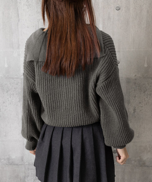 スキッパーニットvネック 襟付きセーター ポロカラーリブニットトップスレディース ショート丈ニットプルオーバー きれいめ ドロップショルダー 韓国風ニット秋冬人気 87YANQIU-001