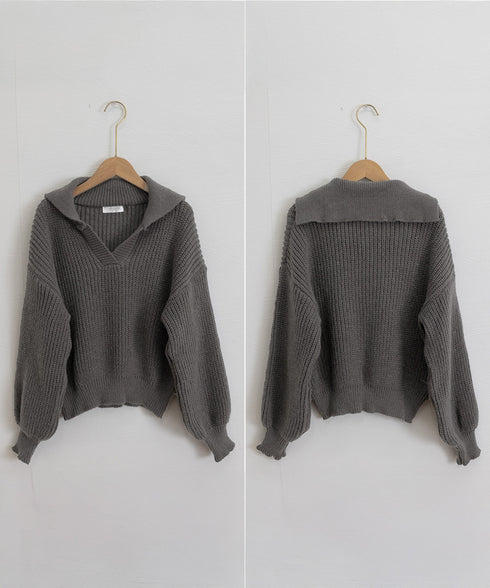 スキッパーニットvネック 襟付きセーター ポロカラーリブニットトップスレディース ショート丈ニットプルオーバー きれいめ ドロップショルダー 韓国風ニット秋冬人気 87YANQIU-001