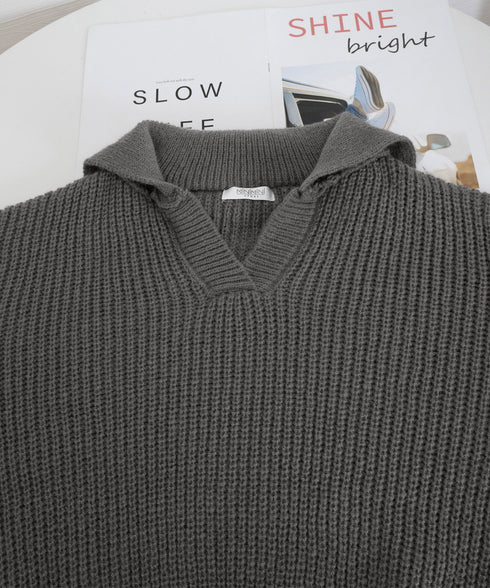 スキッパーニットvネック 襟付きセーター ポロカラーリブニットトップスレディース ショート丈ニットプルオーバー きれいめ ドロップショルダー 韓国風ニット秋冬人気 87YANQIU-001