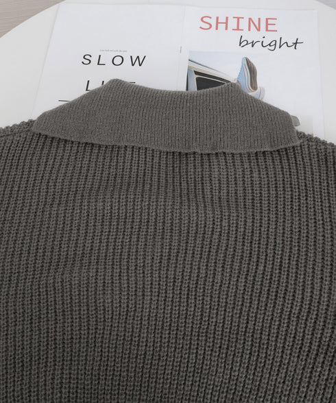 スキッパーニットvネック 襟付きセーター ポロカラーリブニットトップスレディース ショート丈ニットプルオーバー きれいめ ドロップショルダー 韓国風ニット秋冬人気 87YANQIU-001