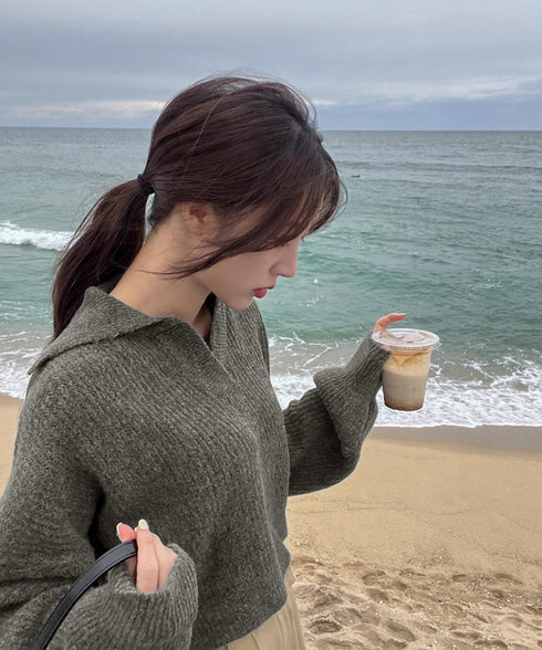 スキッパーニットvネック 襟付きセーター ポロカラーリブニットトップスレディース ショート丈ニットプルオーバー きれいめ ドロップショルダー 韓国風ニット秋冬人気 87YANQIU-001