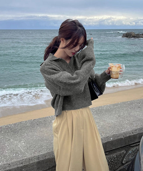 スキッパーニットvネック 襟付きセーター ポロカラーリブニットトップスレディース ショート丈ニットプルオーバー きれいめ ドロップショルダー 韓国風ニット秋冬人気 87YANQIU-001