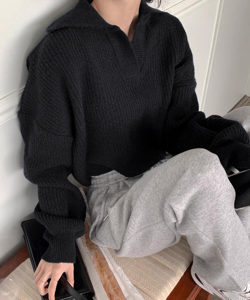 スキッパーニットvネック 襟付きセーター ポロカラーリブニットトップスレディース ショート丈ニットプルオーバー きれいめ ドロップショルダー 韓国風ニット秋冬人気 87YANQIU-001