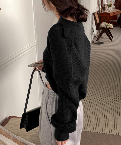 スキッパーニットvネック 襟付きセーター ポロカラーリブニットトップスレディース ショート丈ニットプルオーバー きれいめ ドロップショルダー 韓国風ニット秋冬人気 87YANQIU-001