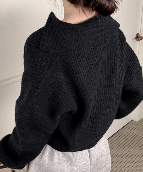 スキッパーニットvネック 襟付きセーター ポロカラーリブニットトップスレディース ショート丈ニットプルオーバー きれいめ ドロップショルダー 韓国風ニット秋冬人気 87YANQIU-001