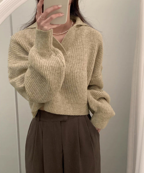 スキッパーニットvネック 襟付きセーター ポロカラーリブニットトップスレディース ショート丈ニットプルオーバー きれいめ ドロップショルダー 韓国風ニット秋冬人気 87YANQIU-001