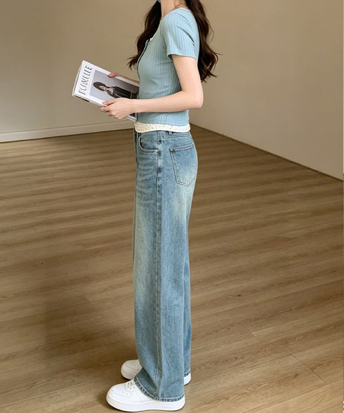 ヘンリーネックTシャツレイヤード風t半袖 フェイクレイヤードtシャツレディース 前ボタンリブtシャツ 大人可愛い レースフリルタイトT 細見え 着やせトップス春夏 87YICHANG-001