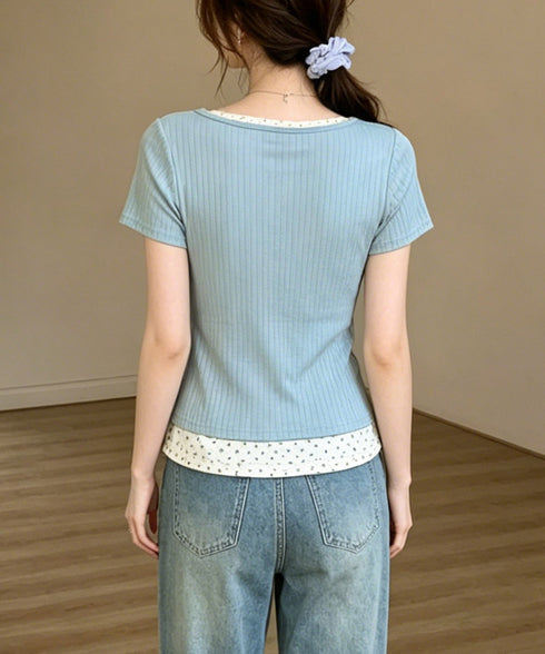 ヘンリーネックTシャツレイヤード風t半袖 フェイクレイヤードtシャツレディース 前ボタンリブtシャツ 大人可愛い レースフリルタイトT 細見え 着やせトップス春夏 87YICHANG-001
