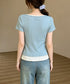 ヘンリーネックTシャツレイヤード風t半袖 フェイクレイヤードtシャツレディース 前ボタンリブtシャツ 大人可愛い レースフリルタイトT 細見え 着やせトップス春夏 87YICHANG-001