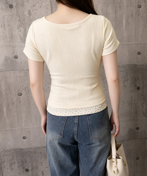 ヘンリーネックTシャツレイヤード風t半袖 フェイクレイヤードtシャツレディース 前ボタンリブtシャツ 大人可愛い レースフリルタイトT 細見え 着やせトップス春夏 87YICHANG-001