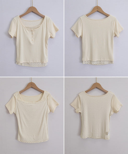 ヘンリーネックTシャツレイヤード風t半袖 フェイクレイヤードtシャツレディース 前ボタンリブtシャツ 大人可愛い レースフリルタイトT 細見え 着やせトップス春夏 87YICHANG-001