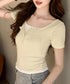 ヘンリーネックTシャツレイヤード風t半袖 フェイクレイヤードtシャツレディース 前ボタンリブtシャツ 大人可愛い レースフリルタイトT 細見え 着やせトップス春夏 87YICHANG-001