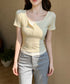ヘンリーネックTシャツレイヤード風t半袖 フェイクレイヤードtシャツレディース 前ボタンリブtシャツ 大人可愛い レースフリルタイトT 細見え 着やせトップス春夏 87YICHANG-001