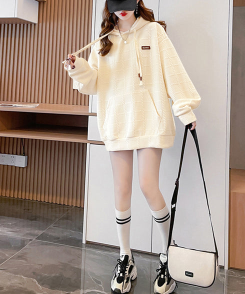 フード付きトレーナー韓国 オーバーサイズ 体型カバートップス レディース ゆったり 長袖プルオーバー おしゃれ 型押しロング丈スウェット カジュアル大人可愛い春秋 87YIGULI-002