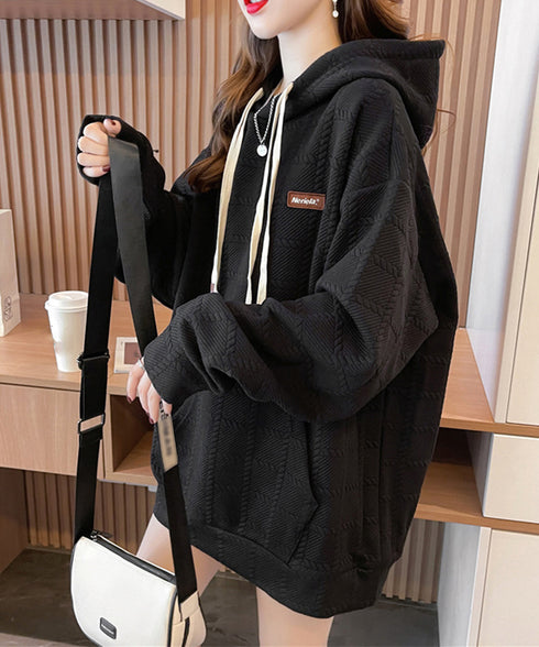 フード付きトレーナー韓国 オーバーサイズ 体型カバートップス レディース ゆったり 長袖プルオーバー おしゃれ 型押しロング丈スウェット カジュアル大人可愛い春秋 87YIGULI-002