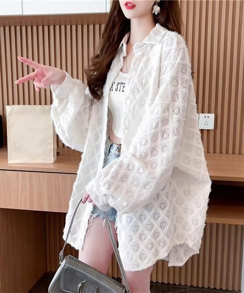 ハートジャガードシャツカーディガン春夏秋 レディース 袖ボリューム カジュアル羽織り 冷房対策軽アウター UVケア長袖トップス 着やせBIGシルエット韓国風カーデ 87YIGULI-003