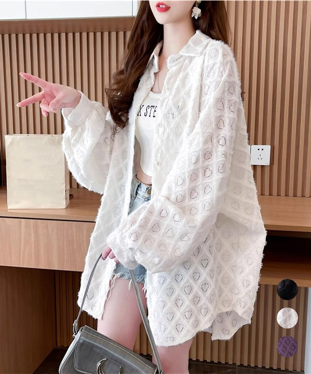 ハートジャガードシャツカーディガン春夏秋 詳細画像1