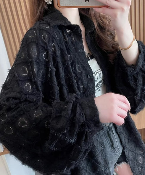 ハートジャガードシャツカーディガン春夏秋 レディース 袖ボリューム カジュアル羽織り 冷房対策軽アウター UVケア長袖トップス 着やせBIGシルエット韓国風カーデ 87YIGULI-003