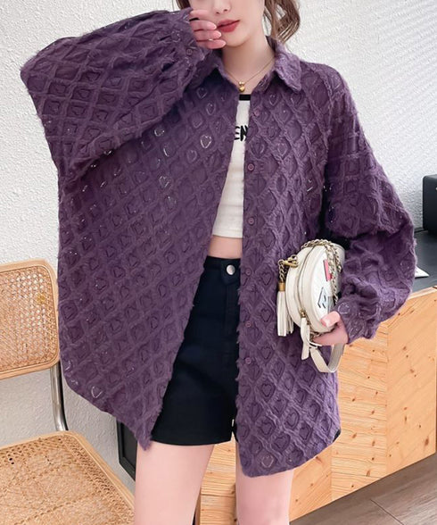 ハートジャガードシャツカーディガン春夏秋 レディース 袖ボリューム カジュアル羽織り 冷房対策軽アウター UVケア長袖トップス 着やせBIGシルエット韓国風カーデ 87YIGULI-003