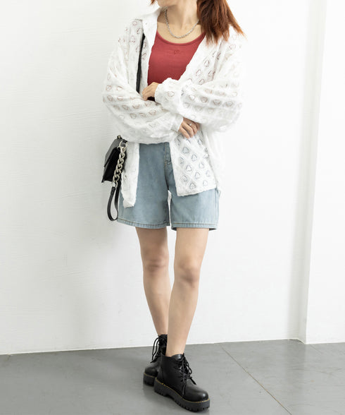 ハートジャガードシャツカーディガン春夏秋 レディース 袖ボリューム カジュアル羽織り 冷房対策軽アウター UVケア長袖トップス 着やせBIGシルエット韓国風カーデ 87YIGULI-003