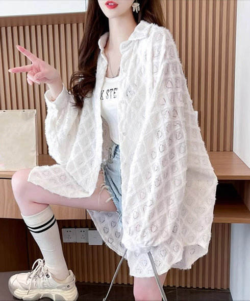 ハートジャガードシャツカーディガン春夏秋 レディース 袖ボリューム カジュアル羽織り 冷房対策軽アウター UVケア長袖トップス 着やせBIGシルエット韓国風カーデ 87YIGULI-003