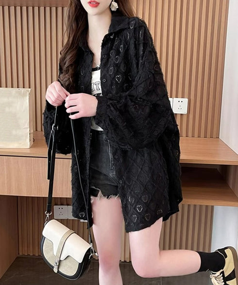 ハートジャガードシャツカーディガン春夏秋 レディース 袖ボリューム カジュアル羽織り 冷房対策軽アウター UVケア長袖トップス 着やせBIGシルエット韓国風カーデ 87YIGULI-003