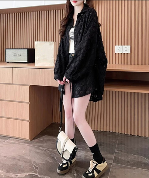 ハートジャガードシャツカーディガン春夏秋 レディース 袖ボリューム カジュアル羽織り 冷房対策軽アウター UVケア長袖トップス 着やせBIGシルエット韓国風カーデ 87YIGULI-003