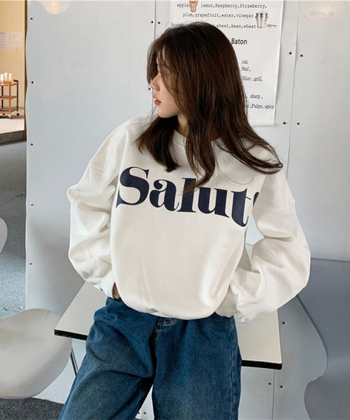 英字ロゴトレーナー裏起毛スウェット韓国風 秋冬ドロップショルダースウェットレディースおしゃれ 暖かいトレーナー長袖ゆったりプルオーバー トップスカジュアルきれいめ 87YIGULI-004