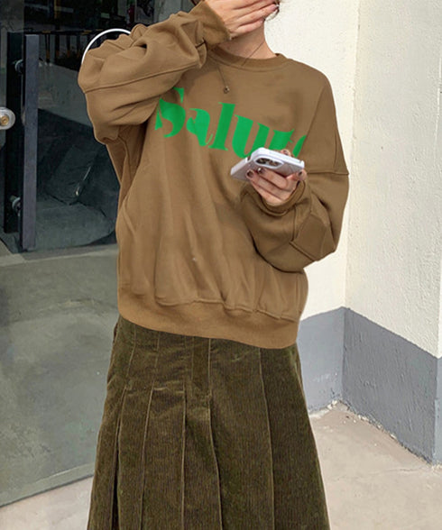 英字ロゴトレーナー裏起毛スウェット韓国風 秋冬ドロップショルダースウェットレディースおしゃれ 暖かいトレーナー長袖ゆったりプルオーバー トップスカジュアルきれいめ 87YIGULI-004