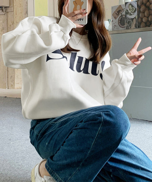 英字ロゴトレーナー裏起毛スウェット韓国風 秋冬ドロップショルダースウェットレディースおしゃれ 暖かいトレーナー長袖ゆったりプルオーバー トップスカジュアルきれいめ 87YIGULI-004
