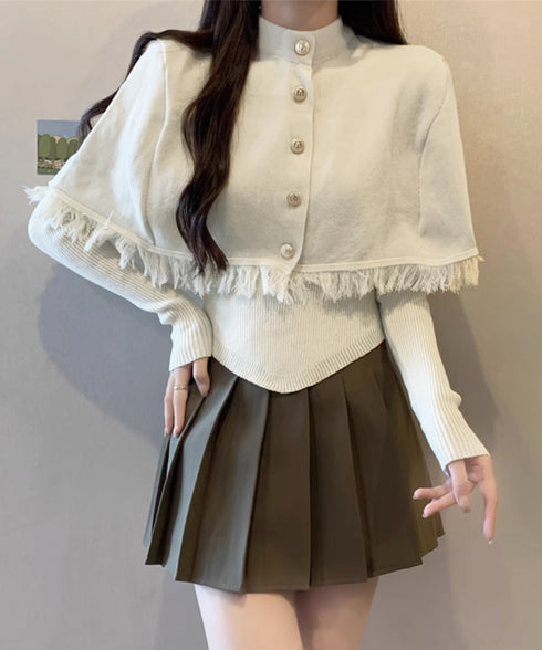 アンサンブルニット 2点セットアップ韓国 ニットマント ニットポンチョレディース秋冬 リブニットvネックトップス アシンメトリーヘム 裾フリンジニットケープお洒落 87YIXIN-001
