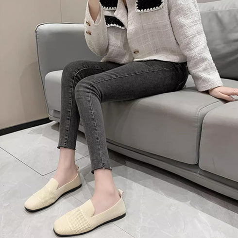 ローファーメッシュパンプス 韓国シューズ 疲れない美脚靴 通気性抜群 軽量 ぺたんこパンプス 黒 おしゃれ コンフォートシューズ レディース 通勤靴 春秋夏 くつ 87YOUXIN-001