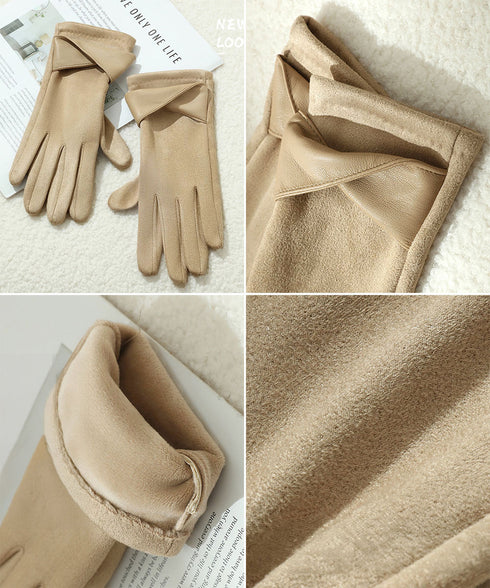 スエード調手袋裏起毛 リボン付き手袋防寒 レディース タッチパネル対応 大人可愛い手ぶくろ 裏ボア上品グローブ 防風保温 通勤通学 上質な手袋 スマホ対応 暖かい 87YUMU-001