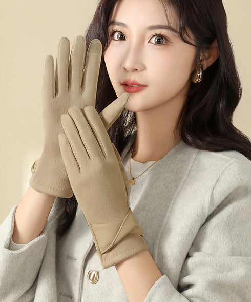 スエード調手袋裏起毛 リボン付き手袋防寒 レディース タッチパネル対応 大人可愛い手ぶくろ 裏ボア上品グローブ 防風保温 通勤通学 上質な手袋 スマホ対応 暖かい 87YUMU-001