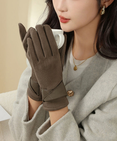 スエード調手袋裏起毛 リボン付き手袋防寒 レディース タッチパネル対応 大人可愛い手ぶくろ 裏ボア上品グローブ 防風保温 通勤通学 上質な手袋 スマホ対応 暖かい 87YUMU-001