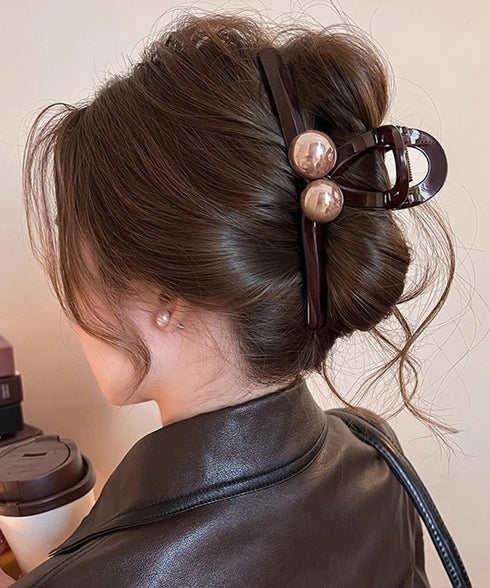 大粒パール付き大きめバンスクリップ髪留め まとめ髪バレッタ 上品大人かわいいヘアクリップ 韓国風クリップ ハーフアップ対応 毛量多い方 おしゃれ ヘアアクセサリー 87ZHUONI-001