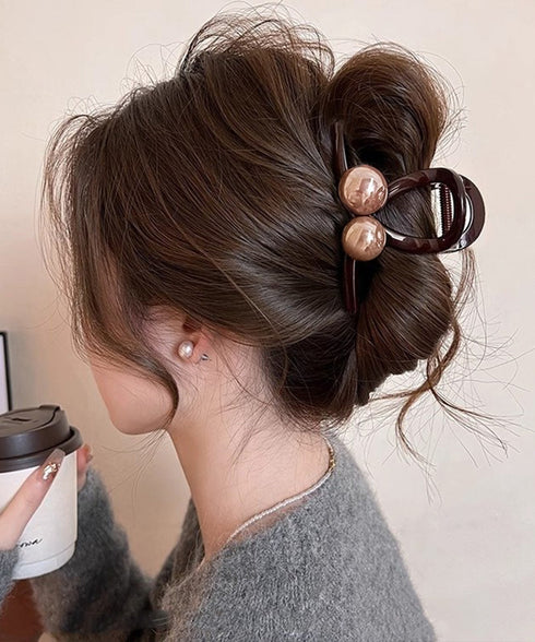 大粒パール付き大きめバンスクリップ髪留め まとめ髪バレッタ 上品大人かわいいヘアクリップ 韓国風クリップ ハーフアップ対応 毛量多い方 おしゃれ ヘアアクセサリー 87ZHUONI-001