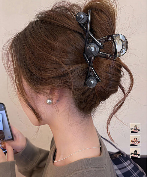 バンスクリップ ヘアクリップ大きめ髪留め 大人可愛いバンスクリップビーズ付き 変形クロスクリアクリップしっかりホールドまとめ髪オフィスおしゃれ上品髪飾りマット質感 87ZHUONI-003