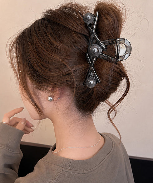 バンスクリップ ヘアクリップ大きめ髪留め 大人可愛いバンスクリップビーズ付き 変形クロスクリアクリップしっかりホールドまとめ髪オフィスおしゃれ上品髪飾りマット質感 87ZHUONI-003