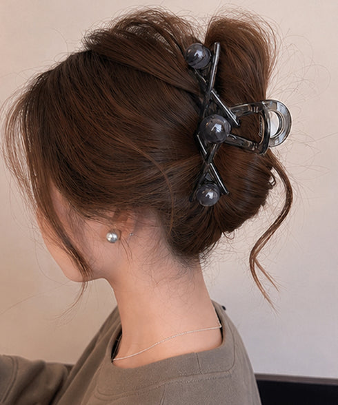 バンスクリップ ヘアクリップ大きめ髪留め 大人可愛いバンスクリップビーズ付き 変形クロスクリアクリップしっかりホールドまとめ髪オフィスおしゃれ上品髪飾りマット質感 87ZHUONI-003