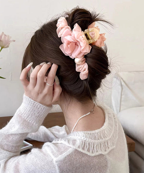 パール付きチュールバンスクリップきれいめ フラワーモチーフヘアクリップ 大きめクリップしっかり 多毛ヘアクリップ髪多い 髪飾り大きい髪留め 高見えヘアアクセサリー 87ZHUONI-004