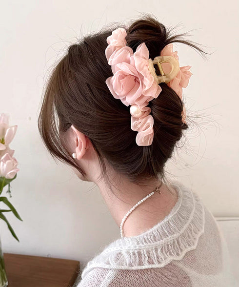 パール付きチュールバンスクリップきれいめ フラワーモチーフヘアクリップ 大きめクリップしっかり 多毛ヘアクリップ髪多い 髪飾り大きい髪留め 高見えヘアアクセサリー 87ZHUONI-004