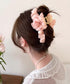 パール付きチュールバンスクリップきれいめ フラワーモチーフヘアクリップ 大きめクリップしっかり 多毛ヘアクリップ髪多い 髪飾り大きい髪留め 高見えヘアアクセサリー 87ZHUONI-004